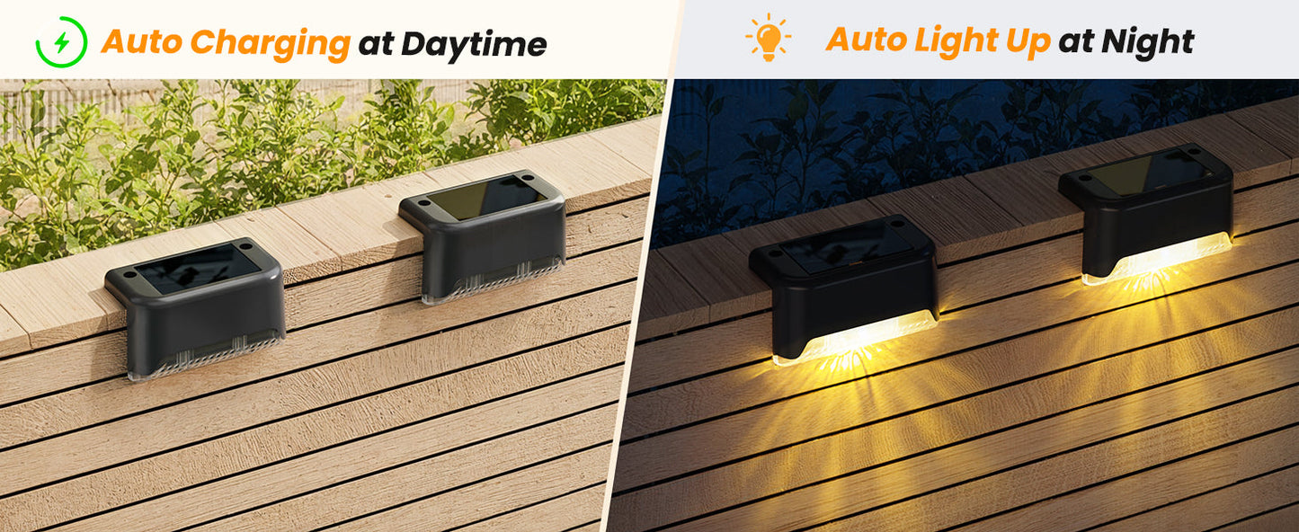 Solar-Powered Deck Light – IP65 Waterproof LED Step, Stair, Fence & Railing Light with Wide-Angle Illumination, Rechargeable Outdoor Lighting for Yard, Patio & Pathway.Pack of 4