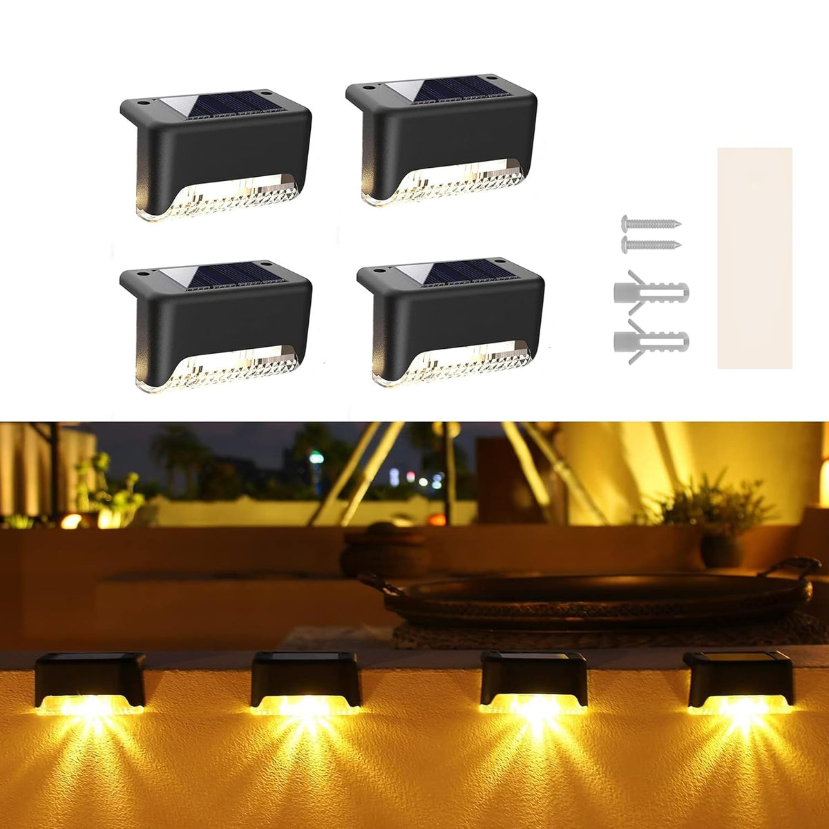 Solar-Powered Deck Light – IP65 Waterproof LED Step, Stair, Fence & Railing Light with Wide-Angle Illumination, Rechargeable Outdoor Lighting for Yard, Patio & Pathway.Pack of 4